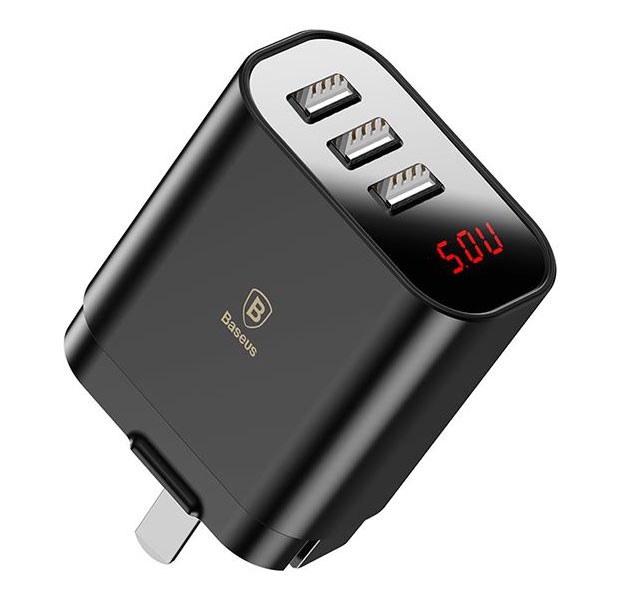 شارژر دیواری دیجیتال با سه پورت بیسوس CCALL-AH01	Baseus Mirror Lake Intelligent Digital Display 3USB Travel Charger(CN) و توان 3.4 آمپر