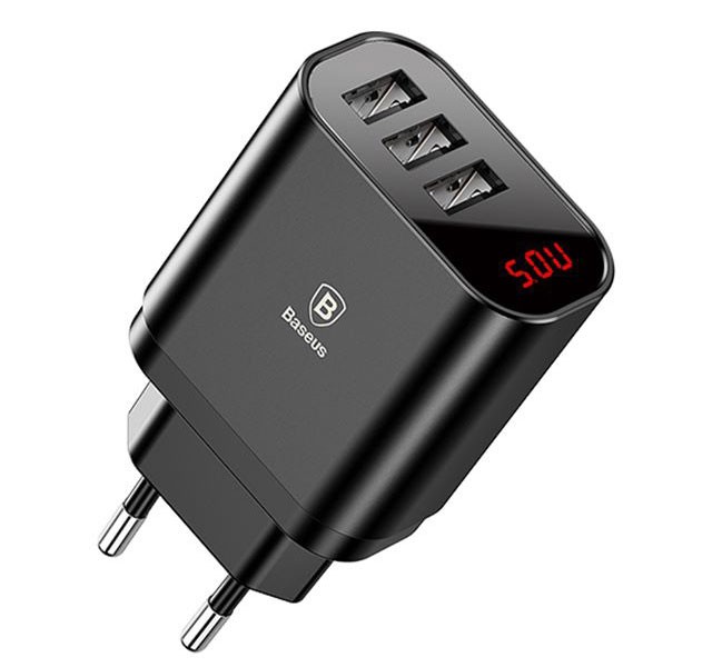 شارژر دیواری دیجیتال با سه پورت بیسوس CCALL-BH01	Baseus Mirror Lake Intelligent Digital Display 3USB Travel Charger(EU) و توان 3.4 آمپر