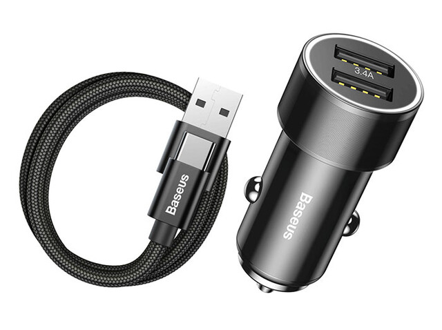شارژر فندکی دو پورت سریع با کابل تایپ سی بیسوس Baseus Small Screw Type-C Quick Car Charger