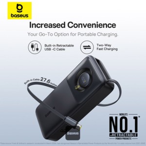 پاوربانک بیسوس Baseus مدل Free2Pull با ظرفیت 20000mAh و توان 65W دارای کابل USB-C جمع شونده