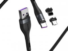 کابل فست شارژ سه سر مغناطیسی یو اس بی به تایپ سی ،میکرو یو اس بی و لایتنینگ 5A بیسوس Baseus zinc CA1T3-B02 به طول 1 متر