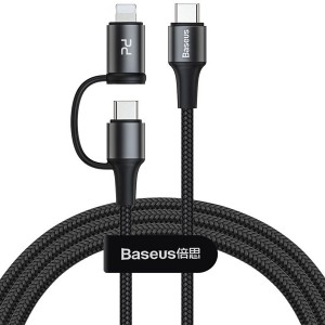کابل فست شارژ دو سر تایپ سی به تایپ سی و لایتنینگ بیسوس Baseus Twin 2in1 Quick Charging cable CATLYW-H01 به طول 1 متر و توان 60 وات