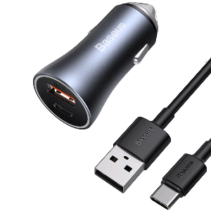 شارژر فندکی بیسوس TZCCJD-0G   شارژر سریع  Baseus Golden Contactor Pro Dual Quick Charger Car Charger U+C 40W（With Baseus Simple wiring USB For Type-C 5A 1.0m）Dark Gray