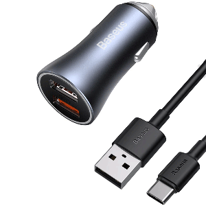 شارژر فندکی شارژ سریع  TZCCJD-A0G بیسوس Baseus Golden Contactor Pro Dual Quick Charger Car Charger U+U 40W（With Baseus Simple wiring USB For Type-C 5A 1.0m）