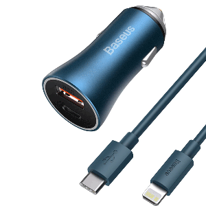 شارژ  فندکی سریع  TZCCJD-03 بیسوس Baseus Golden Contactor Pro Dual Quick Charger Car Charger U+C 40W（With Baseus Simple Wisdom Data Cable Type-C to iP 1m）