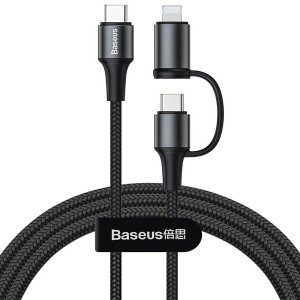 کابل فست شارژ دو سر تایپ سی به تایپ سی و لایتنینگ بیسوس Baseus Twin 2in1 Quick Charging cable CATLYW-01 به طول 1 متر و توان 60 وات
