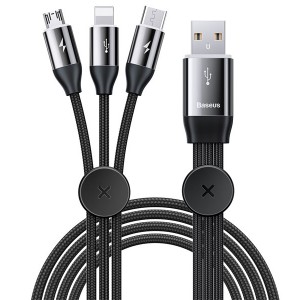کابل شارژ سریع سه سر بیسوس یو اس بی به میکرو یو اس بی، تایپ سی و لایتنینگ Baseus Car Co-sharing Cable CAMLT-FX01 با توان 3.5 آمپر و طول 1 متر