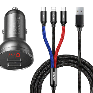 شارژر فندکی دو پورت و کابل سه سر بیسوس Baseus Digital Display Dual USB 4.8A Car Charger 24W with Three Primary Colors 3-in-1 Cable USB 1.2M  TZCCBX-0G