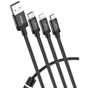کابل فست شارژ سه کاره USB به Type C و Lightning و Micro بیسوس Baseus Data Faction CAMLT-PY01 با توان 3.5 آمپر و طول 1.2 متر