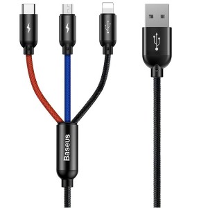 کابل فست شارژ سه کاره USB به Type C و Lightning و Micro بیسوس Baseus Three Primary Colors Cable CAMLT-BSY01 با توان 3.5 آمپر و طول 1.2 متر