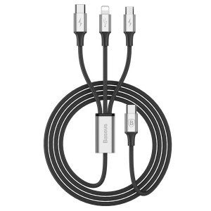 کابل فست شارژ سه سر بیسوس Type-C به Micro+Lightning+Type-C بیسوس Baseus Rapid Series Cable CAMLT-SC01 به طول 1.2 متر و توان 3 آمپر