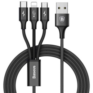 کابل فست شارژ سه کاره USB به Micro+Lightning+Type-C بیسوس Baseus Rapid Series CAMLT-SU01 به توان 3 آمپر و طول 1.2 متر