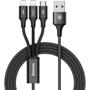 کابل فست شارژ سه کاره USB به Lightning(2)+Micro بیسوس Baseus Rapid Series CAMLL-SU01 به توان 3 آمپر و طول 1.2 متر