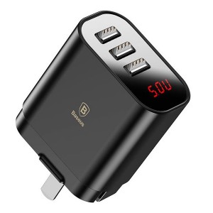 شارژر دیواری دیجیتال با سه پورت بیسوس CCALL-AH01	Baseus Mirror Lake Intelligent Digital Display 3USB Travel Charger(CN) و توان 3.4 آمپر