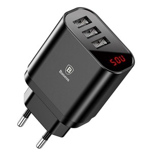 شارژر دیواری دیجیتال با سه پورت بیسوس CCALL-BH01	Baseus Mirror Lake Intelligent Digital Display 3USB Travel Charger(EU) و توان 3.4 آمپر