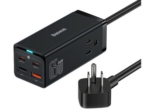 شارژر دیواری فست شارژ 65 وات با کابل تایپ‌سی 100 واتی یک متری بیسوس Baseus GaN3 Pro Powerstrip 2AC+2U+2C US PSZM000102