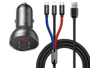 شارژر فندکی دو پورت و کابل سه سر بیسوس Baseus Digital Display Car Charger With 3in1 USB Cable