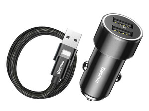 شارژر فندکی دو پورت سریع با کابل لایتنینگ بیسوس Baseus Small Screw Lightning Quick Car Charger