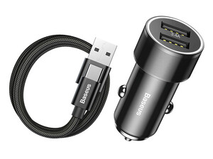 شارژر فندکی دو پورت سریع با کابل تایپ سی بیسوس Baseus Small Screw Type-C Quick Car Charger