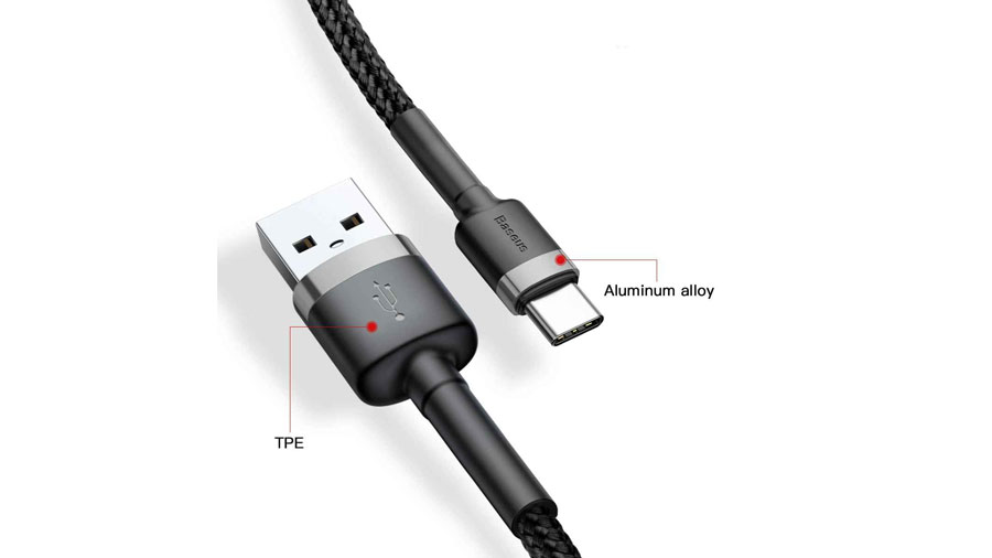  اتصال محکم سیم به سوکت ها در کابل شارژ و انتقال دیتای بیسوس مدل Baseus Cafule Series 3A QC3.0 Type-C to USB Quick Charging Cable