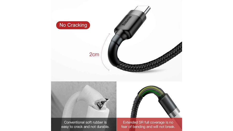 کیفیت ساخت بالای کابل شارژ و انتقال دیتای بیسوس مدل Baseus Cafule Series 3A QC3.0 Type-C to USB Quick Charging Cable