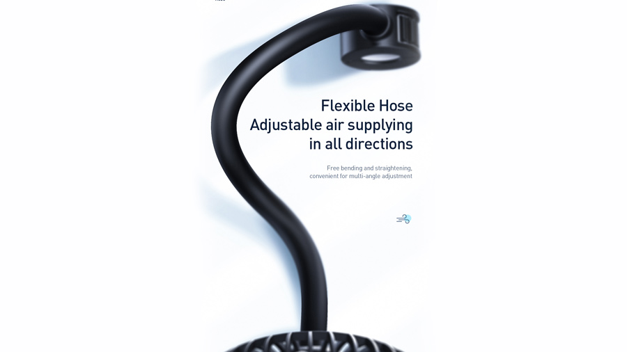 پنکه قابل حمل مخصوص خودرو بیسوس   BASEUS Departure Car Vehicle Cooling Fan (Seat Type) دارای لوله اتصال کاملا انعطاف پذیر