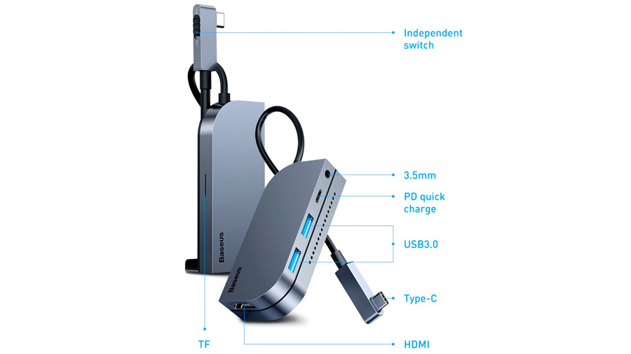 هاب آداپتور چندکاره بیسوس Baseus Bend Angle No.7 Multifunctional Type-C Converter دارای 6 پورت