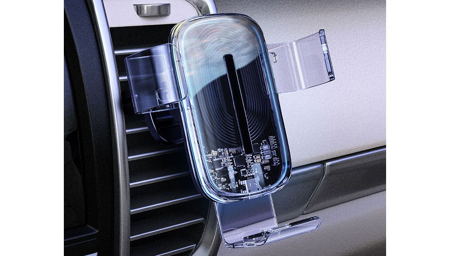 هولدر موبایل به همراه شارژ بیسیم بیسوس مدل BASEUS Explore Wireless Charger Gravity car mount دارای تراشه کنترل دمای شارژر