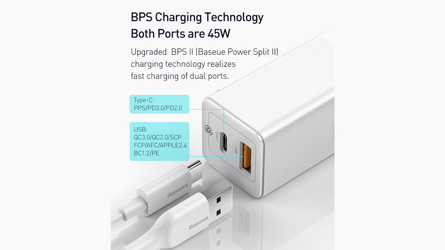 شارژر دیواری سریع 45 وات تایپ سی + یو اس بی بیسوس Baseus CCGaN45UC GaN2 Pro Type-C+USB-A Charger قدرت بالای 45 وات شارژ