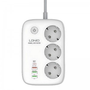 چند راهی 3 خانه برق ارت دار هوشمند الدینیو SEW3452 با کابل 2 متری + شارژر USB و Type-C