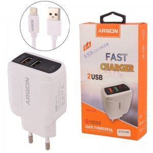 شارژر دیواری فست شارژ Arson AN-V3 2Port 3A QC3.0 PD 21.5W + کابل آیفونی