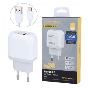 شارژر دیواری 20 وات سیبراتون S-W2220C-PD QC3.0 PD 3A + کابل تایپ سی