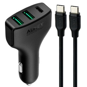 شارژر فندکی فست شارژ Aukey CC-Y3 QC3.0 3A PD 49.5W + کابل تایپ سی