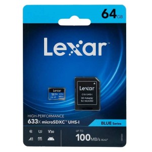 رم میکرو ۶۴ گیگ لکسار Lexar Blue Series 633X A1 V30 U3 C10 100MB/s + خشاب