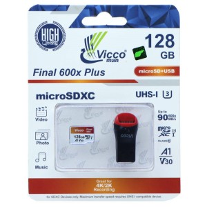 رم میکرو ۱۲۸ گیگ ویکومن Vicco Man Final 600x Plus U3 C10 90MB/s بدون خشاب + رم ریدر