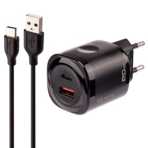 شارژر دیواری فست شارژ Verity AP-2125 2Port 3A QC3.0 PD 20W + کابل تایپ سی