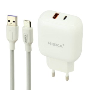 شارژر دیواری فست شارژ Hiska H-112 2Port QC3.0 3A PD 18W + کابل تایپ سی