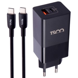 شارژر دیواری فست شارژ TSCO TTC 67 GaN 2Port QC3 PD 5A 65W Type-C + کابل تبدیل تایپ سی