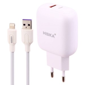 شارژر دیواری فست شارژ Hiska H112-PD 2Port QC3 PD 3A 18W + کابل آیفونی
