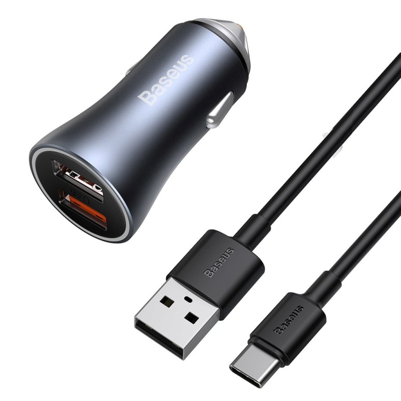 شارژر فندکی 40 واتی فست شارژ خودرو یواس‌بی با کابل تایپ‌سی بیسوس مدل TZCCJD-A0G