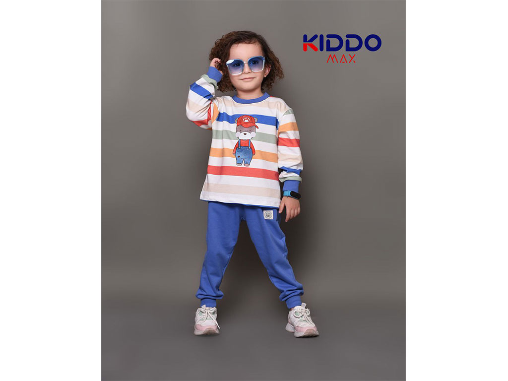 بلوز و شلوار راحتی 3 سال پسرانه دورس طرح راه راه رنگی و خرس کیدومکس kidomax