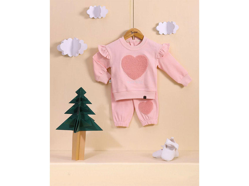 بلوز و شلوار دخترانه طرح قلب شنل دوزی شده رنگ صورتی آی نور بیبی inoor baby