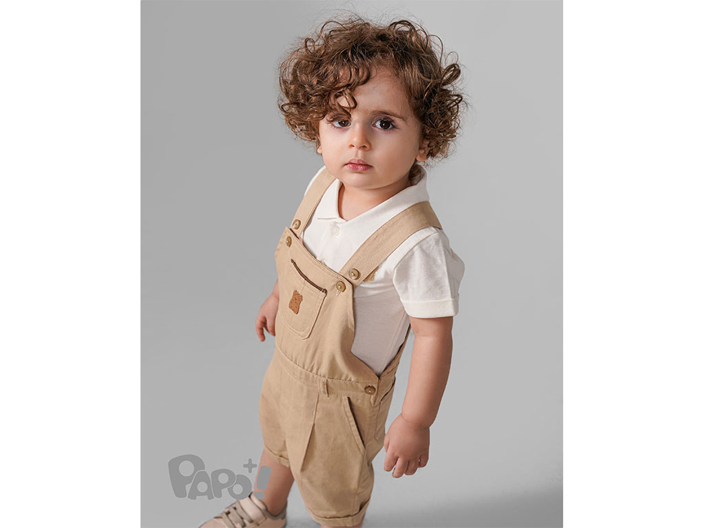 تیشرت و شلوارک پیشبندی نوزادی پسرانه رنگ کرم طرح خرس پاپو papo