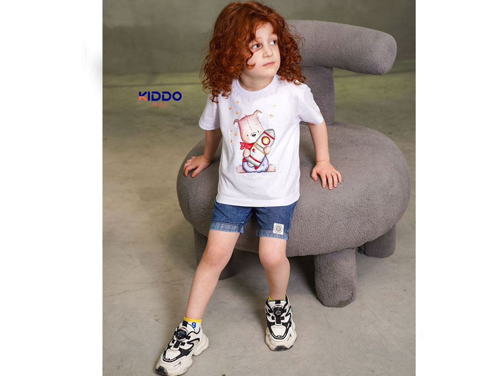تیشرت و شلوارک جین راحتی 2 سال طرح خرس و موشک کیدو مکس kido max