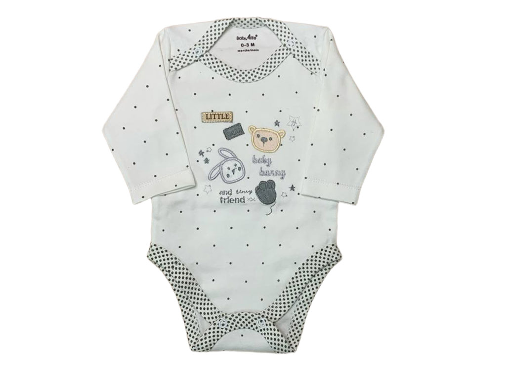بادی آستین بلند نوزادی طرح گلدوزی شده خرس و خرگوش baby 4 life