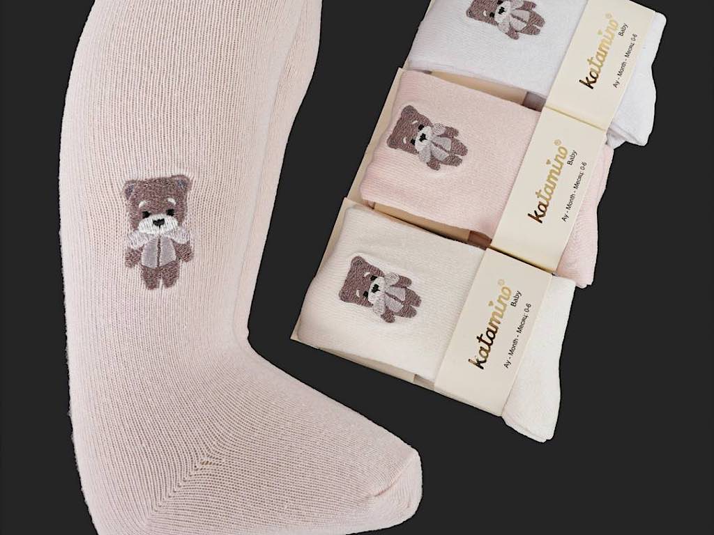 جوراب شلواری  نوزادی دخترانه 18-12ماه طرح خرس گلدوزی  katamino