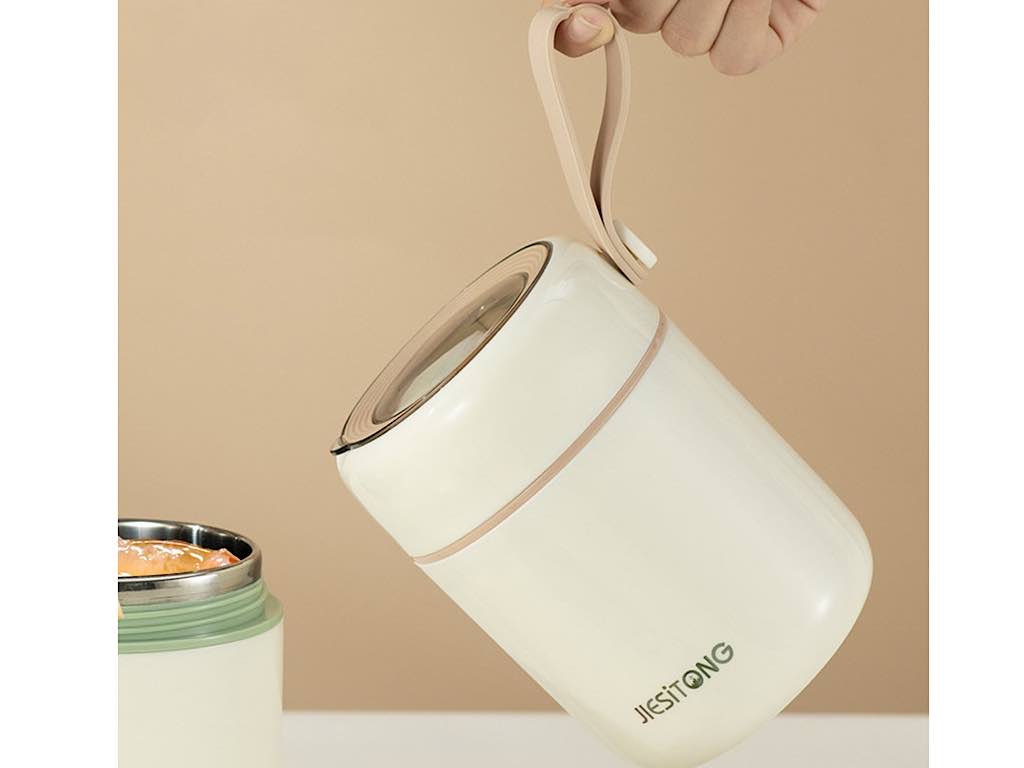 فلاسک و ظرف غذا استیل حجم 450 میلی لیتر با بند سیلیکونی و قاشق چنگالی تاشو