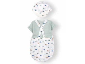 ست بلوز آستین کوتاه با رامپر پیشبندی و کلاه  طرح ماشین گلدوزی indigo