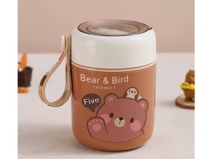 فلاسک و ظرف غذا استیل  قاشق دار 450 میلی لیتر طرح تدی با بند آویز سیلیکونی  BEARS FAMILY