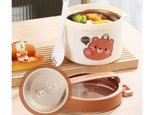 فلاسک و ظرف غذا استیل  قاشق دار 900 میلی لیتر طرح تدی دسته دار  BEARS FAMILY